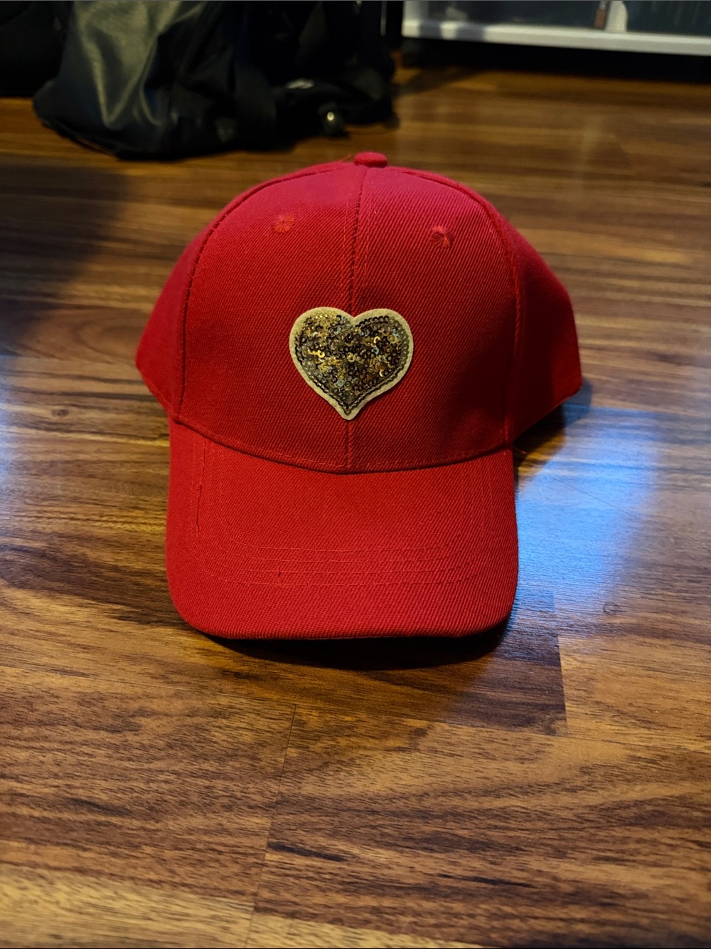Red Baseball Cap with Gold Sequin Heart Patch